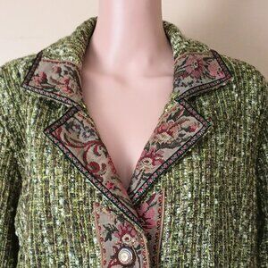 Graffwear Green Tweed Tapestry Jacket XL Vtg Floral Trim Paisley Silky Lining